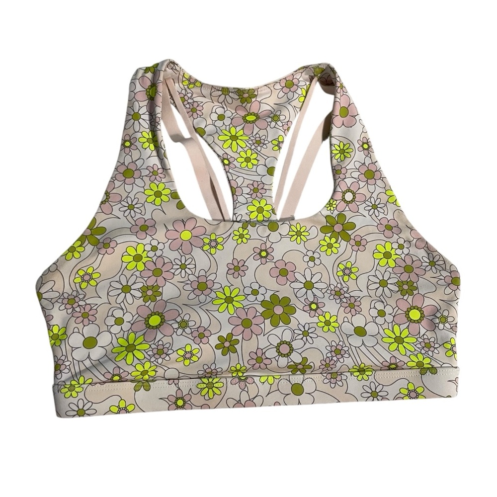 Unworn Fabletics Light Pink Green Yellow Retro Flower Sports Bra No Size Tag M
